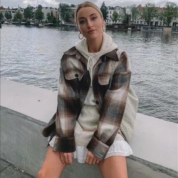 Jackets & Blazers - Boyfriend Fit Plaid Jacket Coat Brown Trucker